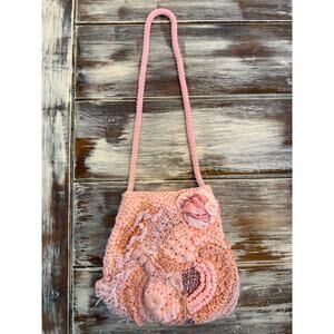 Crochet Pink Shoulder Bag Textured Mixed Media 3D Floral Unique